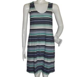 TOMMY BAHAMA Dress, M, Blue-green stripes, LINEN, Scoop neck/Tank style